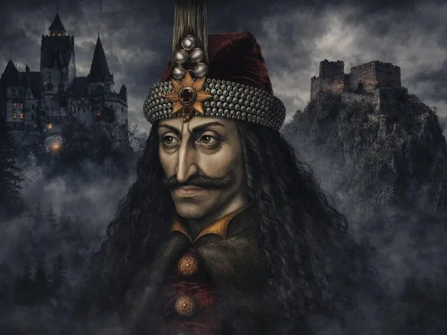 Portrait of Vlad the Impaler with castles in the dark background.