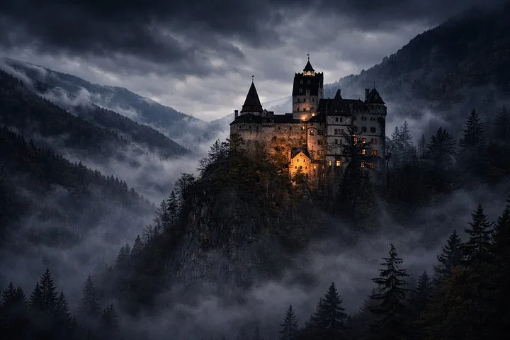 Bran Castle illuminated at night, surrounded by mist in the mountains.